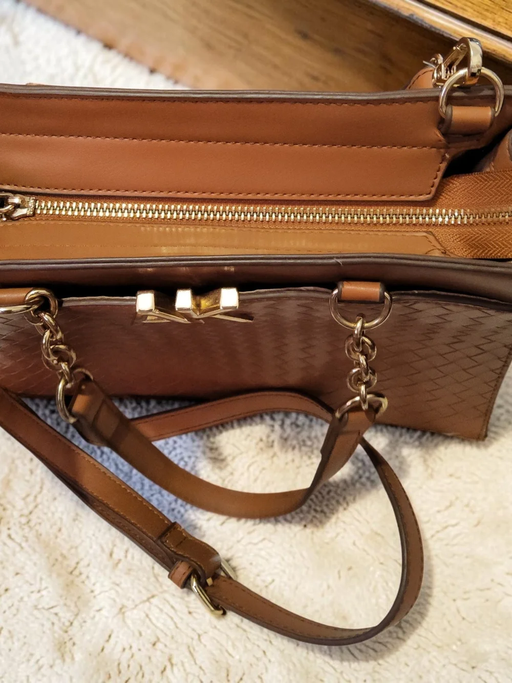 Anne Klein Woven Satchel in Cognac Brown with Gold Hardware